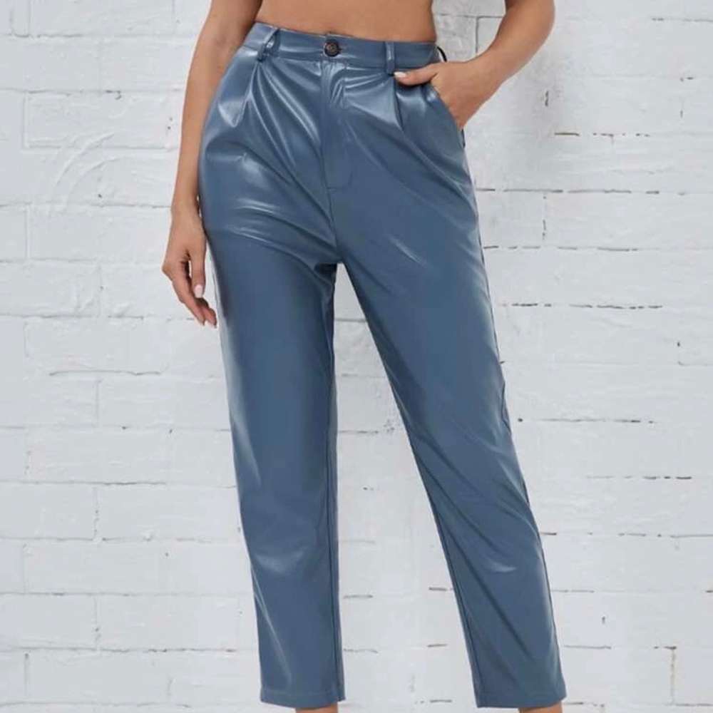 SHEIN Blue Faux Leather High-Waist Trousers